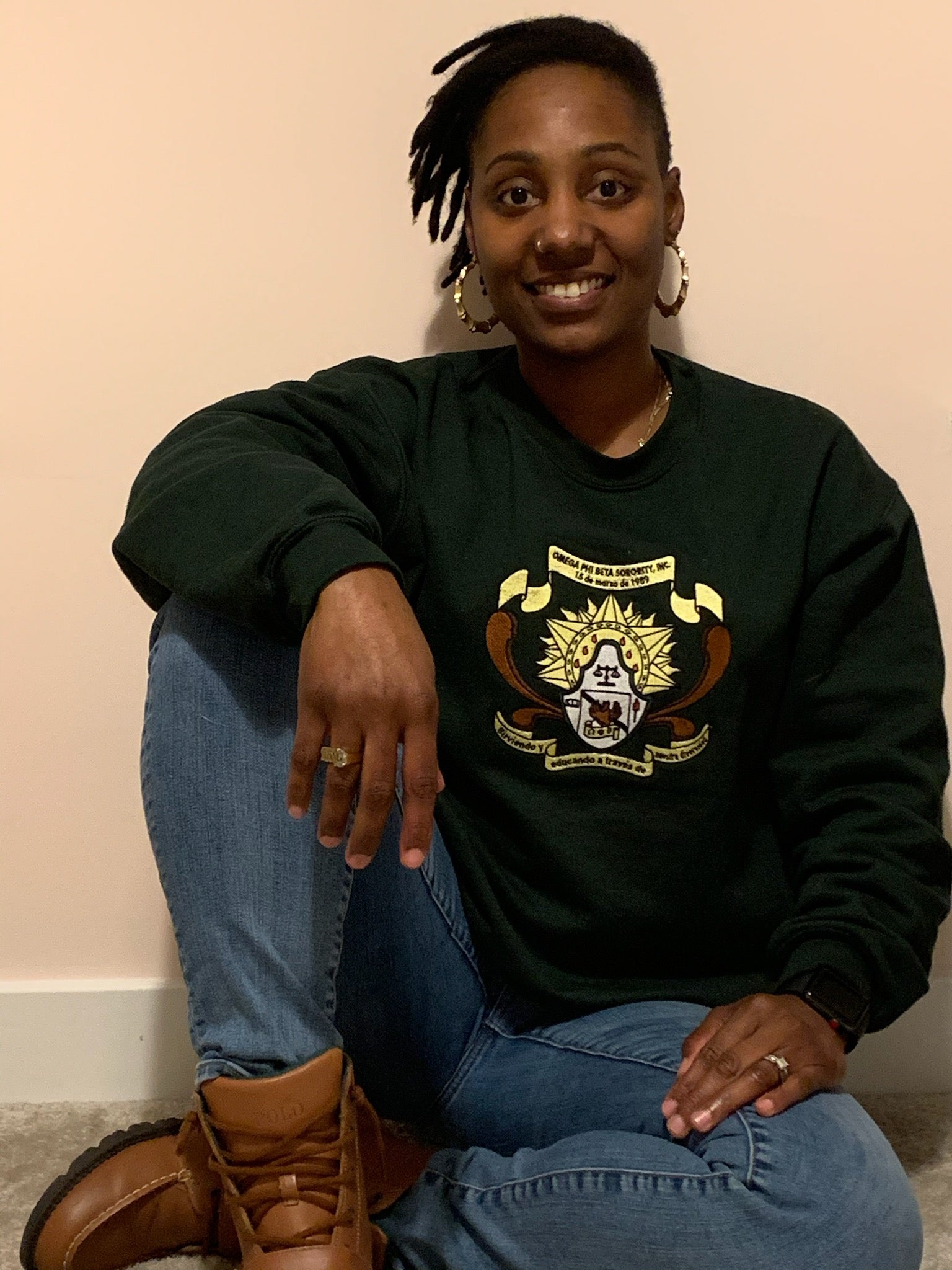 Omega Phi Beta Embroidered Crest Crewneck FOREST GREEN The