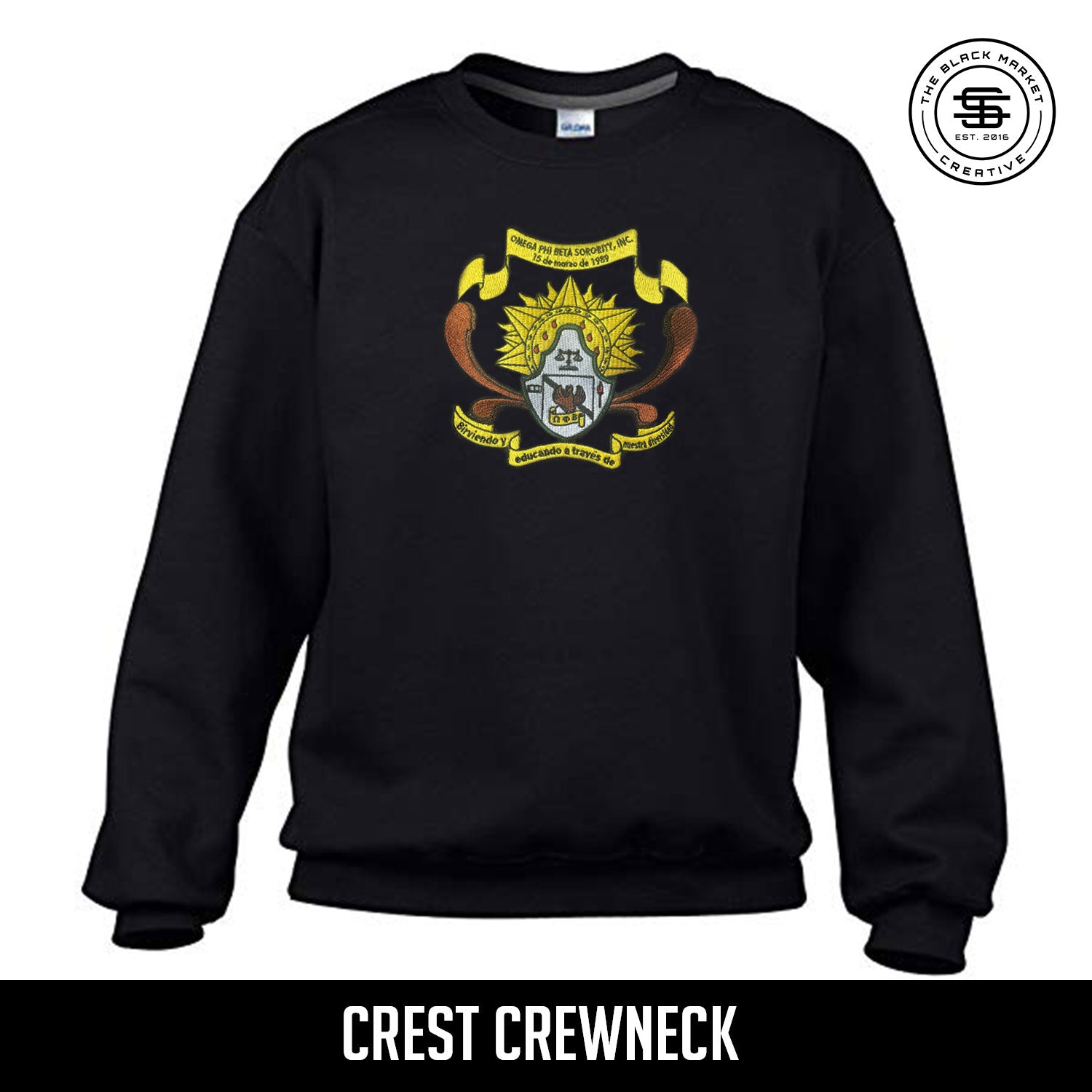 Omega Phi Beta Embroidered Crest Crewneck - BLACK